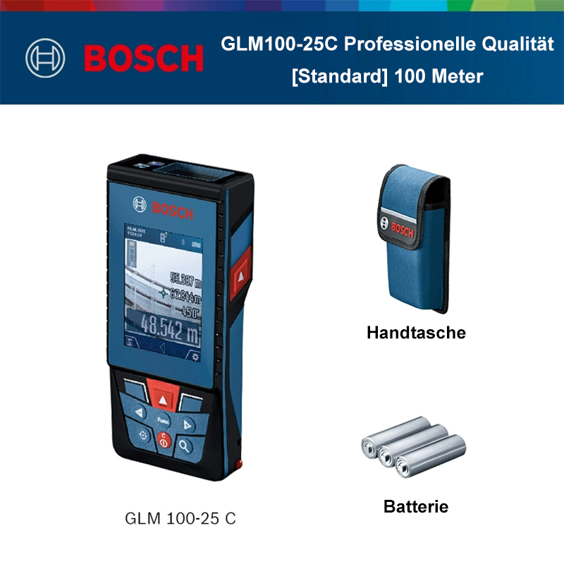 100m Bosch Entfernungsmesser + Farbdisplay + Bluetooth + drei Jahre Garantie